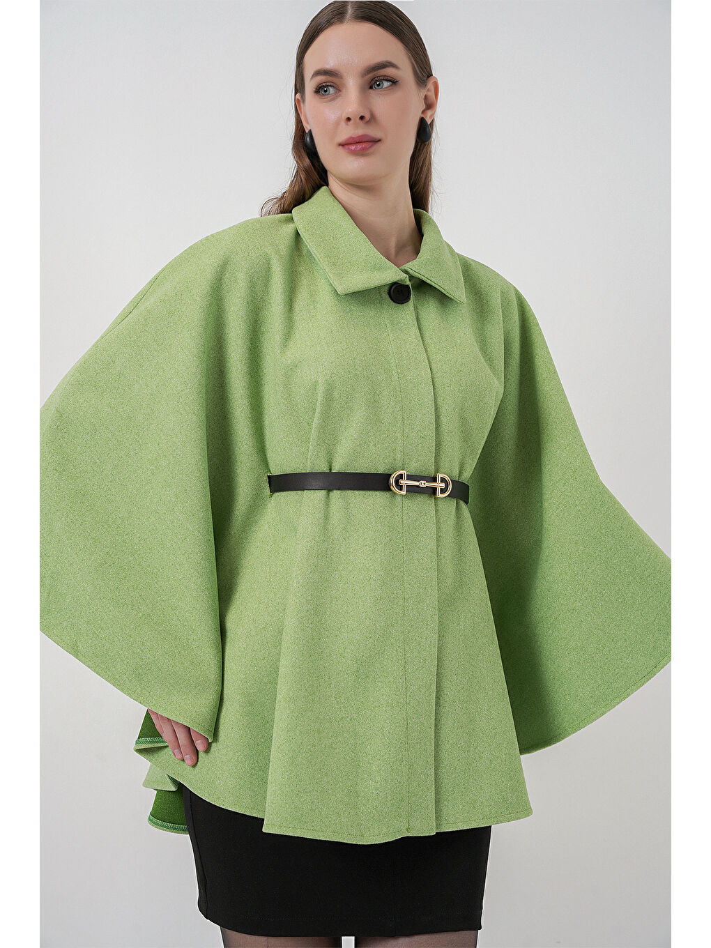 Kadın Kemerli Kaşe Panço 9170 - E.Yeşil-2