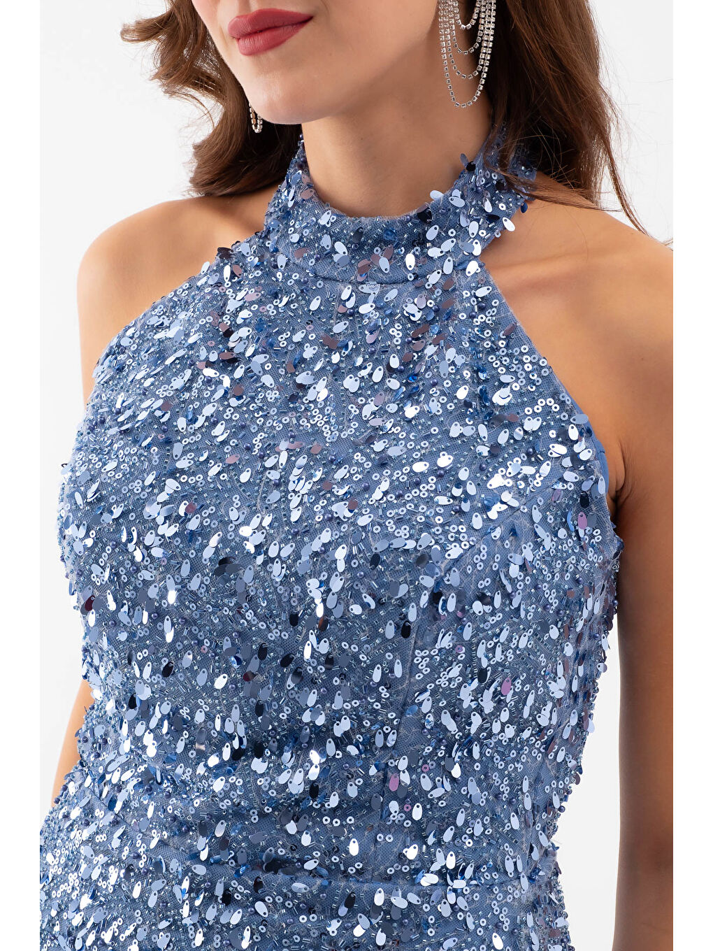 Kadın İndigo Yaka Taş Detay Midi Abiye Elbise-3