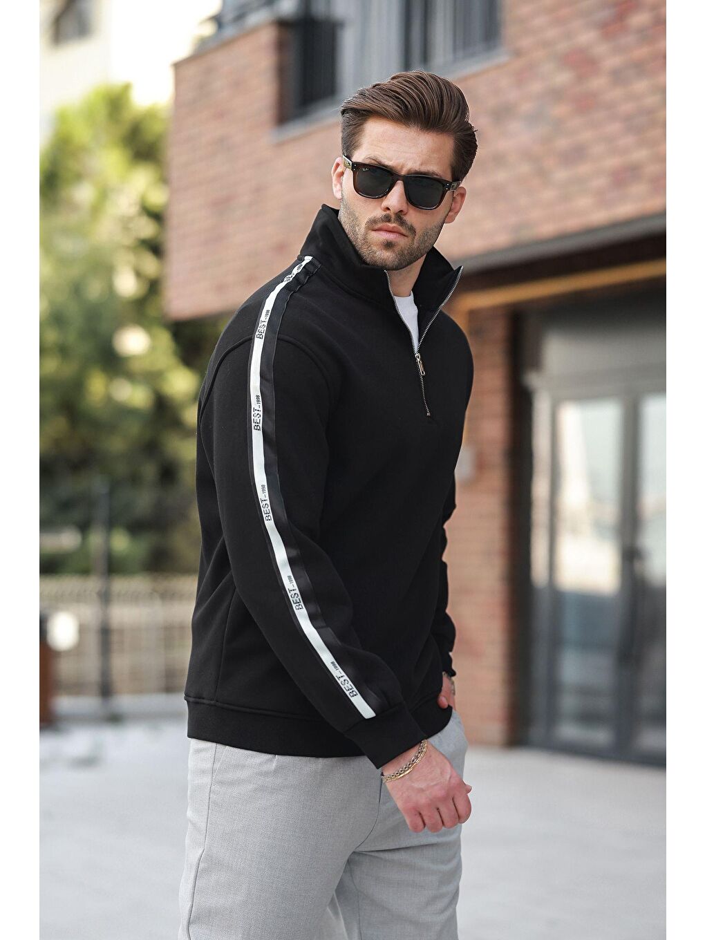 Siyah Fermuarlı Dik Yaka Erkek Sweatshirt E7164-3