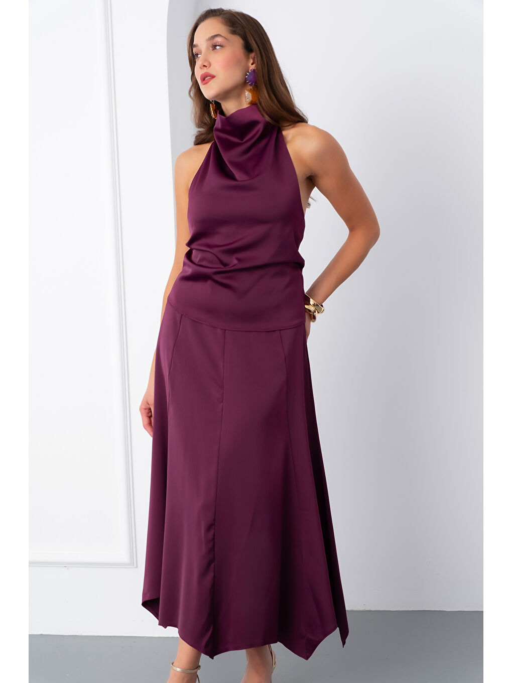 Kadın Mürdüm Degaje Yaka Saten Etek Bluz Takım-2