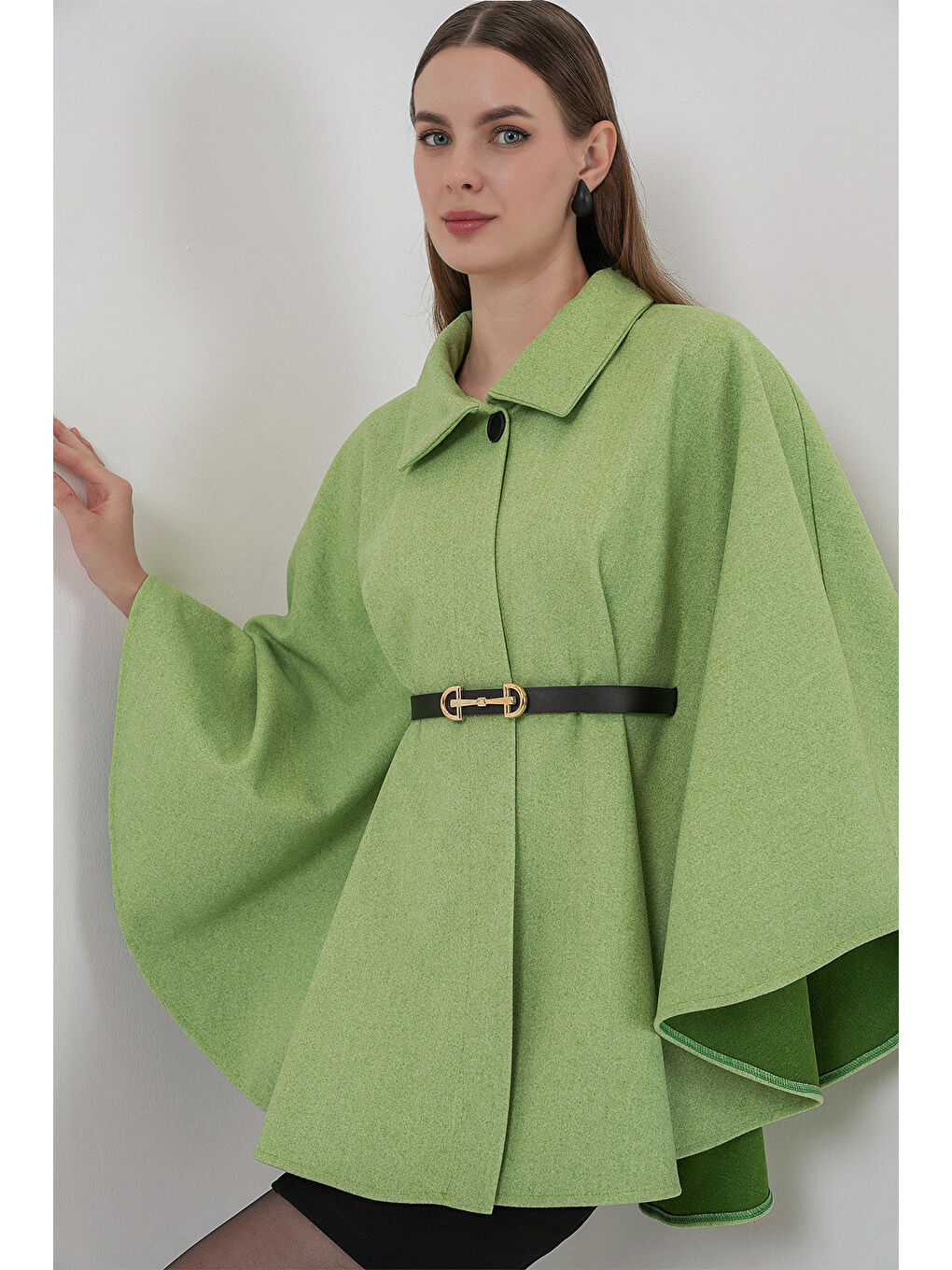 Kadın Kemerli Kaşe Panço 9170 - E.Yeşil-3