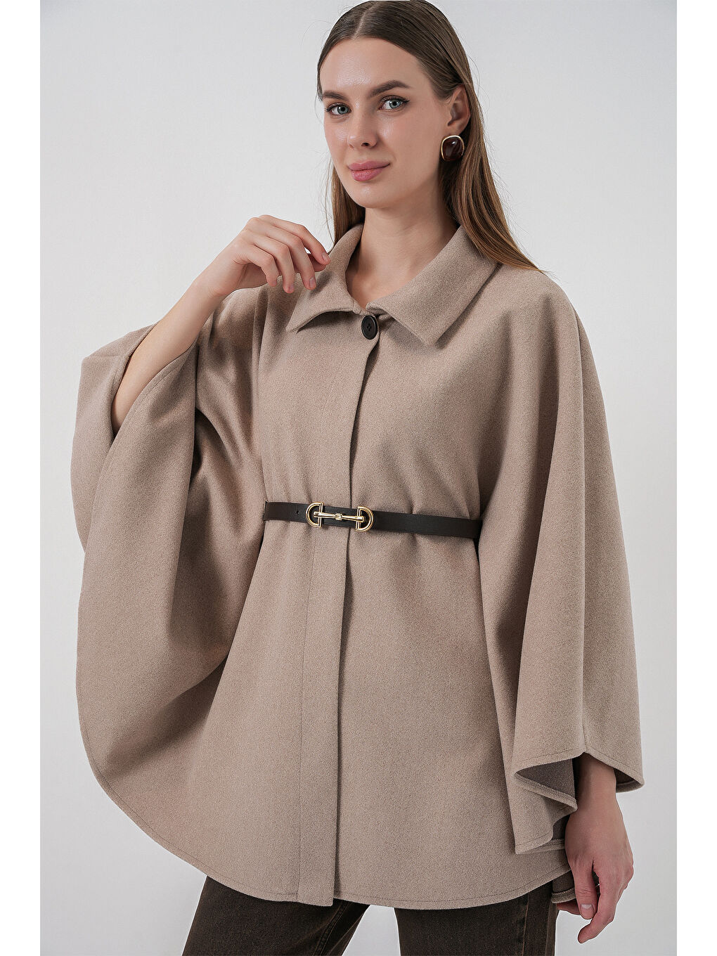 Bej Kadın Kemerli Kaşe Panço 9170 - Vizon-3