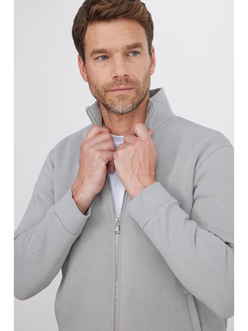 Unisex Relax Fit Rahat Kesim Pamuklu İçi Polarlı Fermuarlı Gri Dik Yaka Flato Cepli Sweatshirt Hırka-1