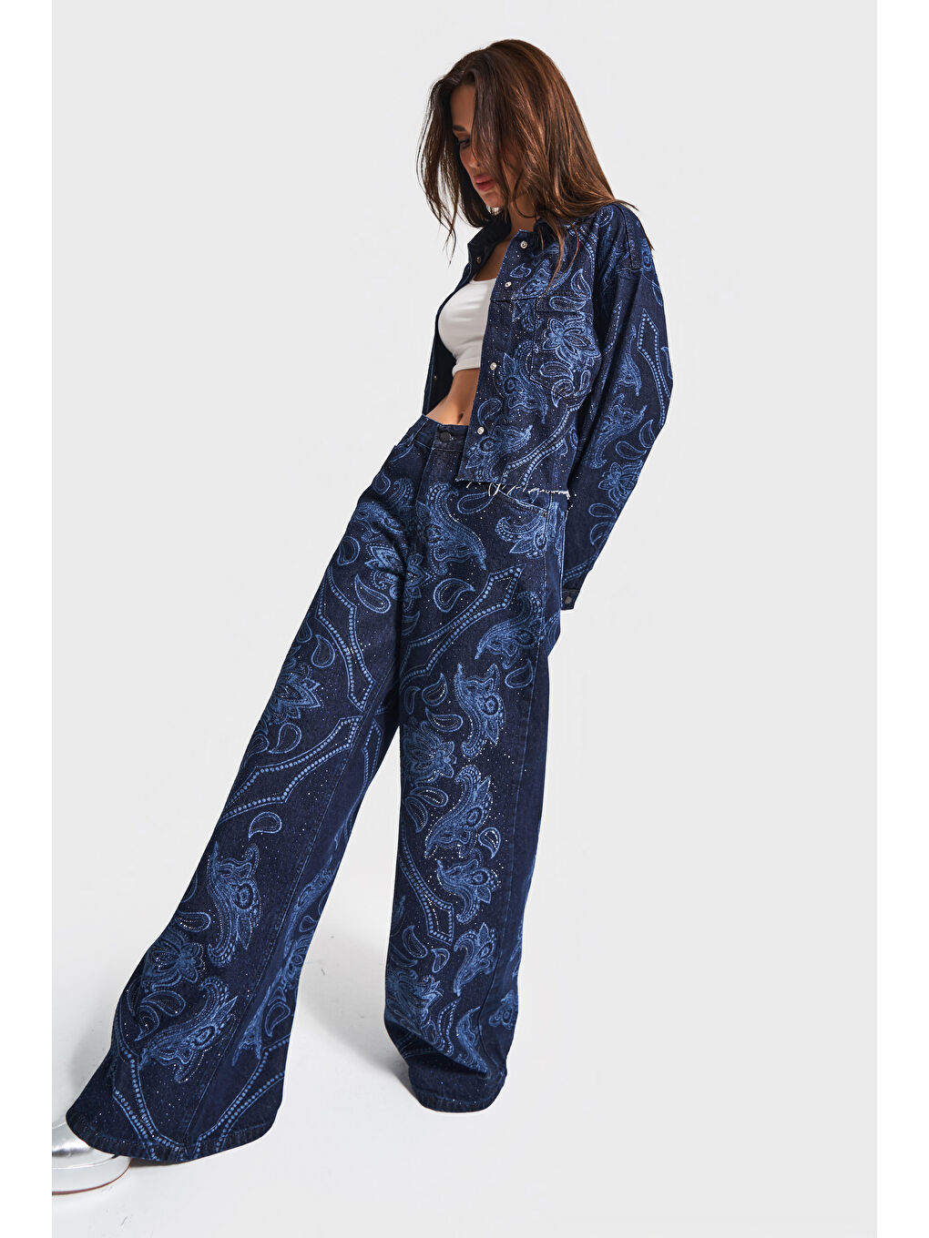 Kadın Koyu Mavi Renk 9w5-5 Palazzo Fit Parlak Taş Desenli Özel Tasarım Denim Jean-4