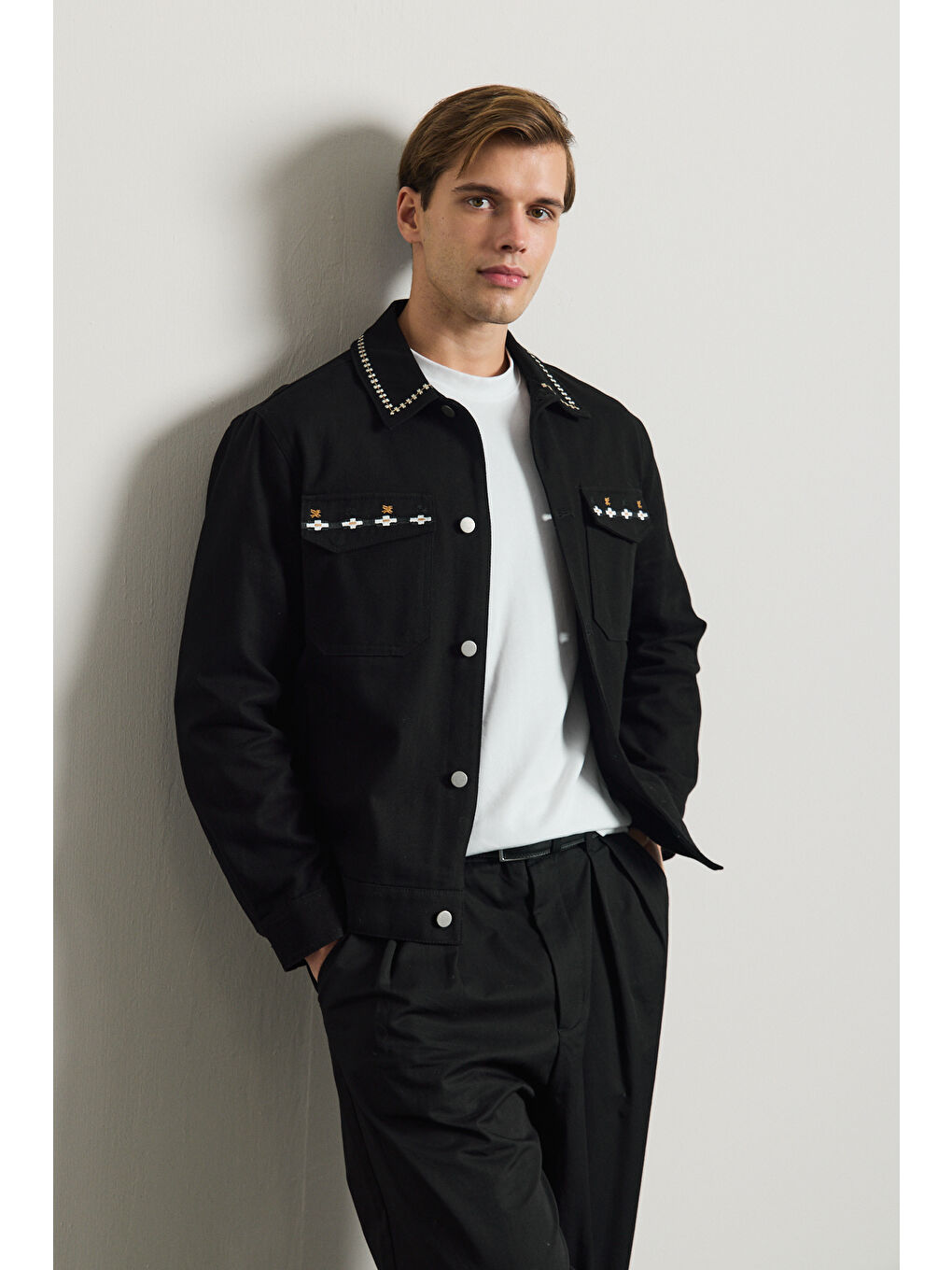 Erkek Nakışlı Denim Ceket Siyah-4