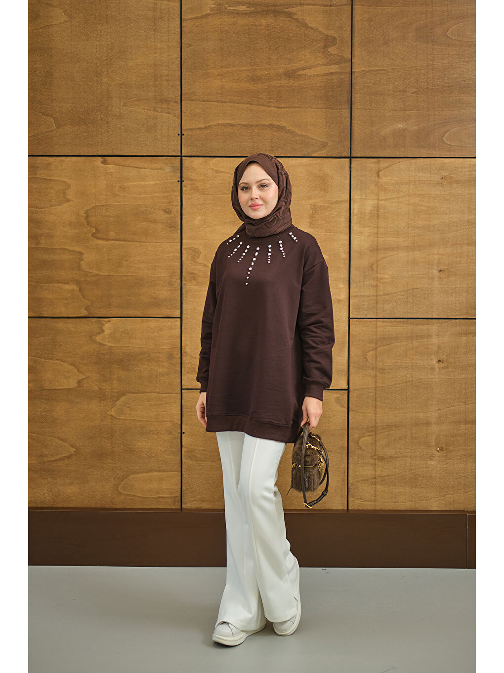 Kadın Yaka Taş Detay Tunik Kahverengi-1