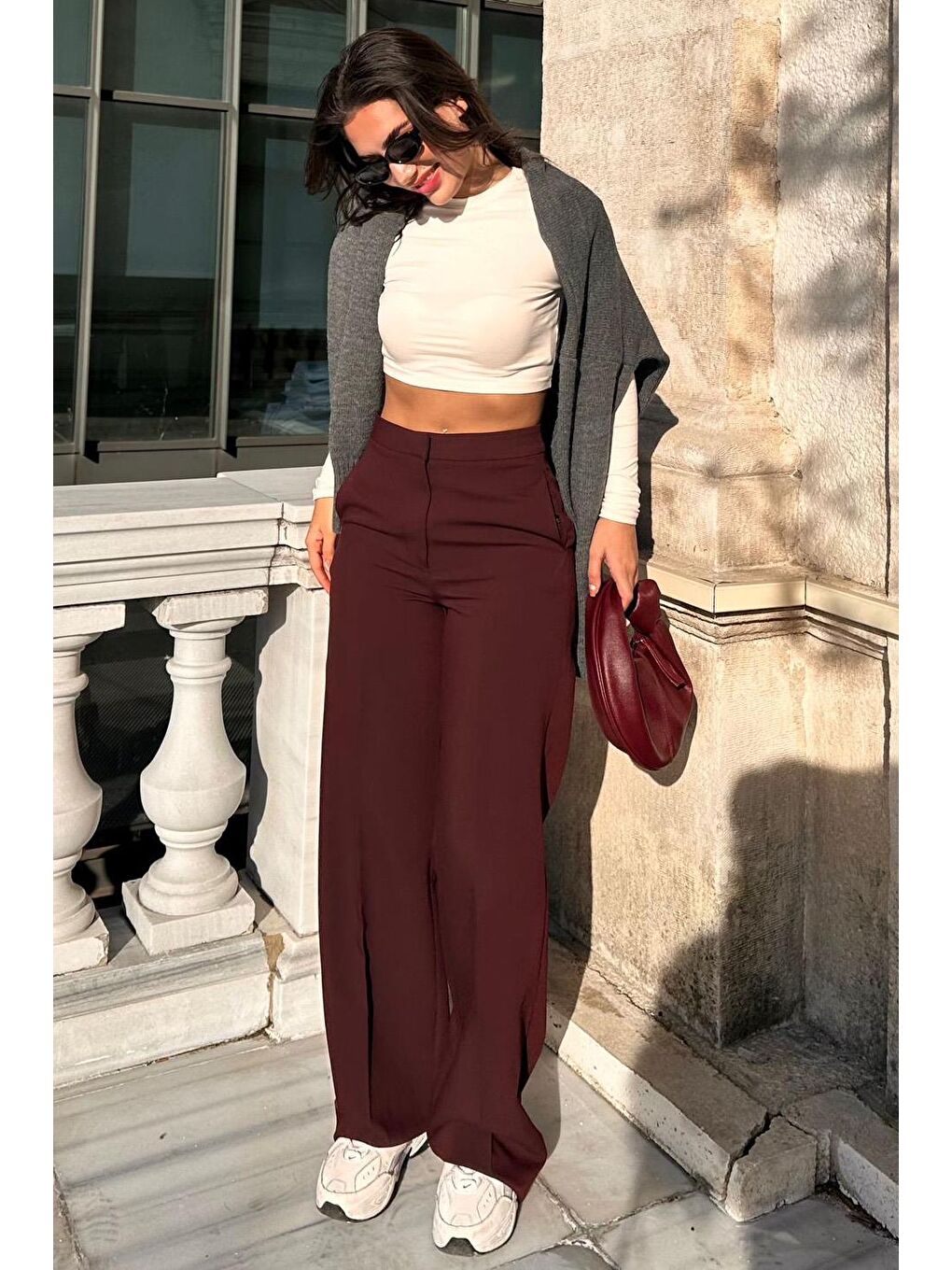 Bordo Yüksek Bel Kumaş Pantolon Mg2284