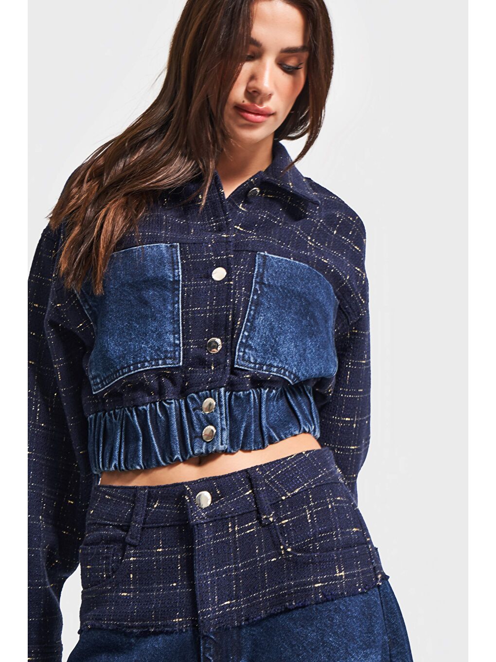 Mavi Kadın Koyu Jean Rengi 2w5-7 Dokuma Denim Kumaş Karışımlı Önü Düğmeli Özel Tasarım Bomber Ceket-1