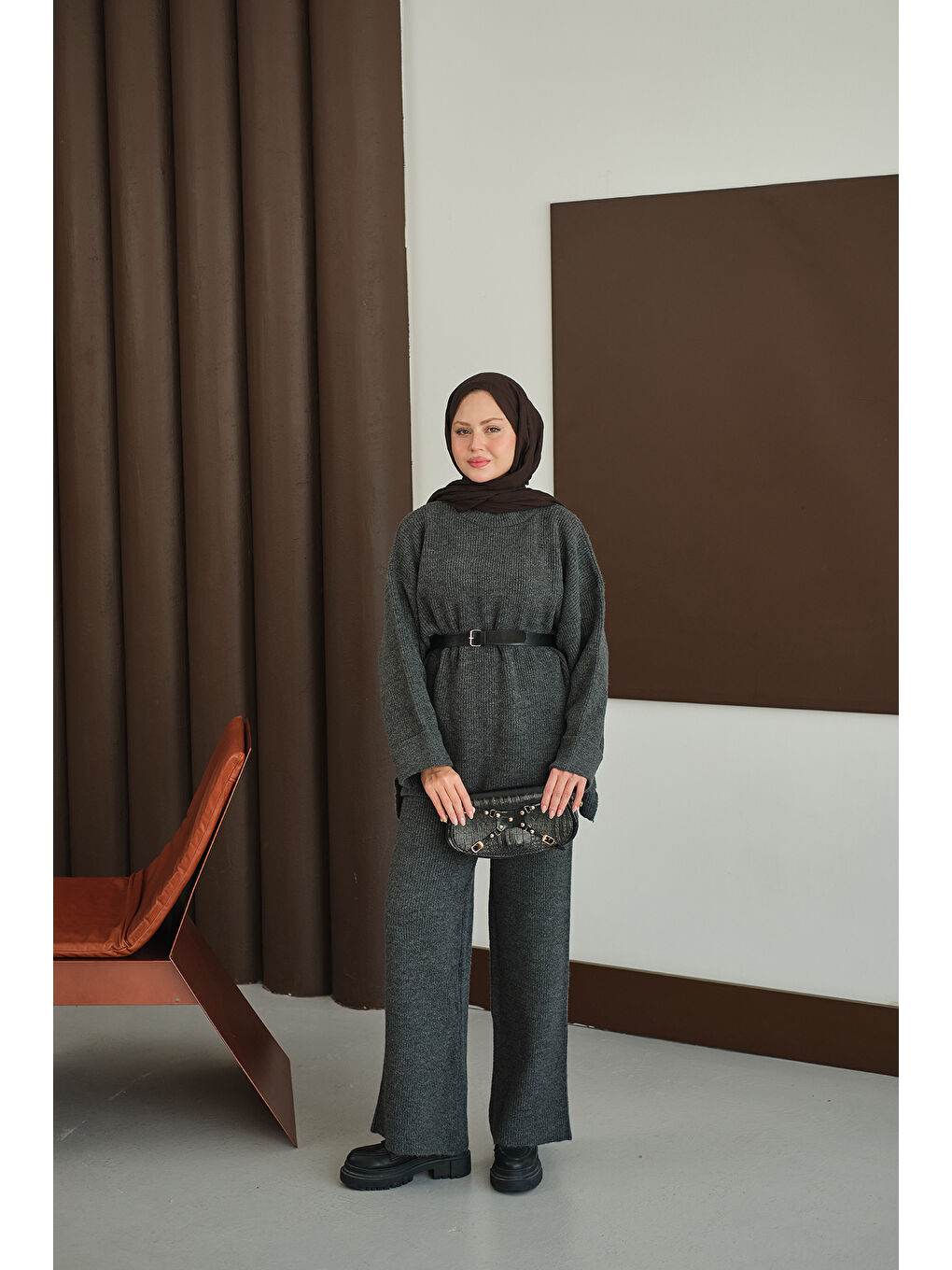 Kadın Beli Lastikli Triko Takım Antrasit-4