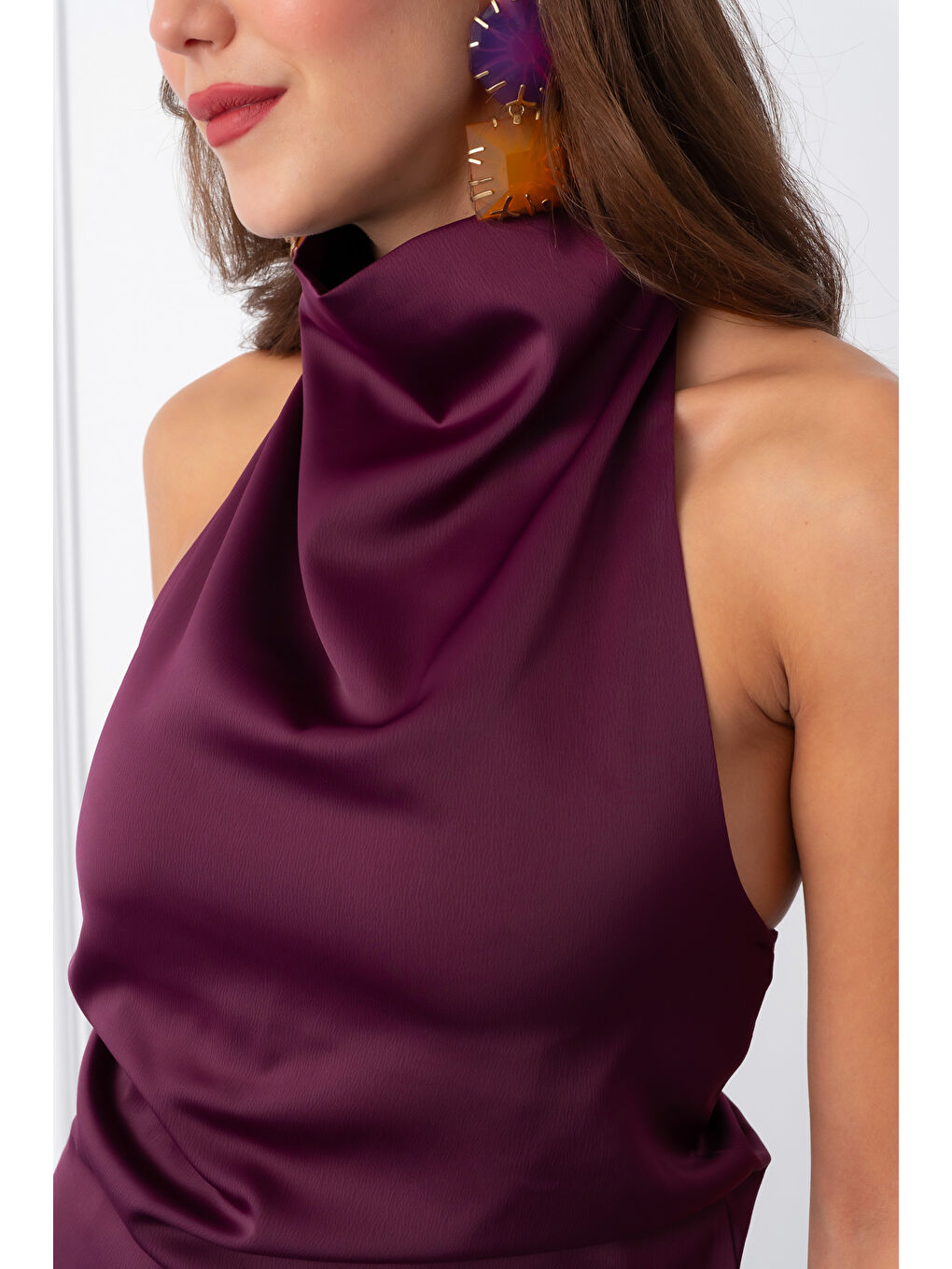 Kadın Mürdüm Degaje Yaka Saten Etek Bluz Takım-3