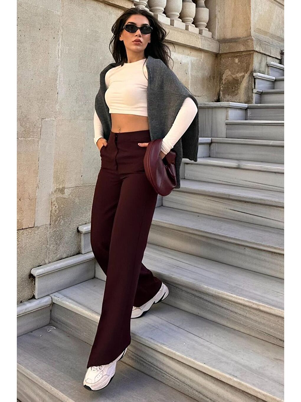 Bordo Yüksek Bel Kumaş Pantolon Mg2284-2