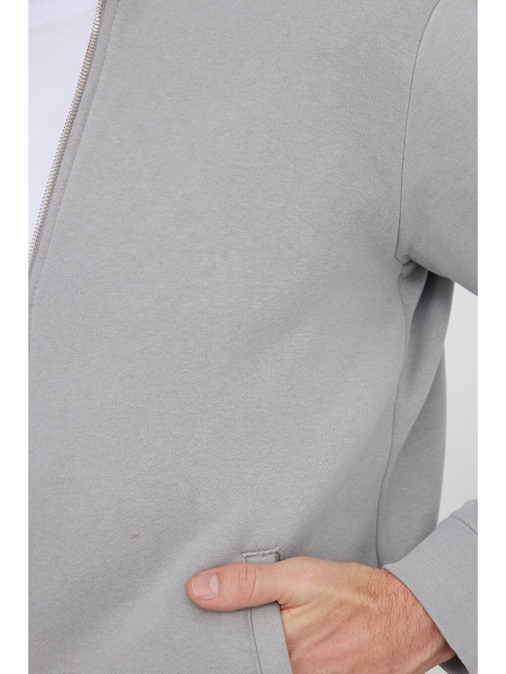 Unisex Relax Fit Rahat Kesim Pamuklu İçi Polarlı Fermuarlı Gri Dik Yaka Flato Cepli Sweatshirt Hırka-2