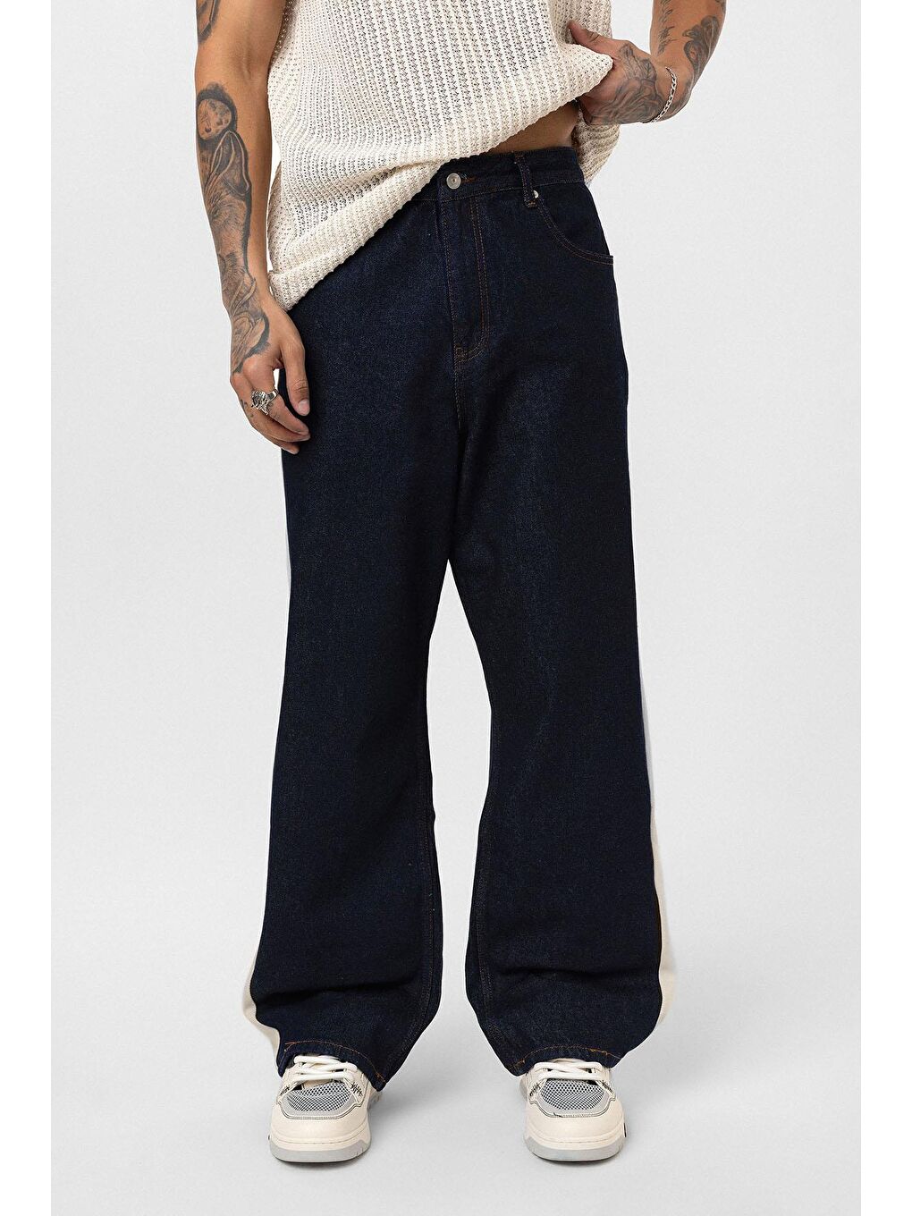 Yan Şeritli Baggy Fit Jean Koyu Mavi-2