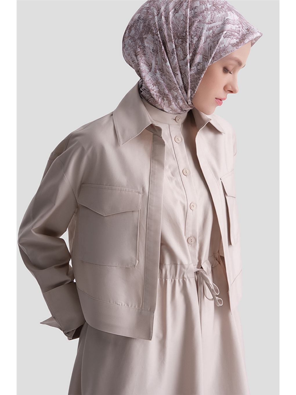 Bej Ceketli Poplin Elbise Takım Vizon-3