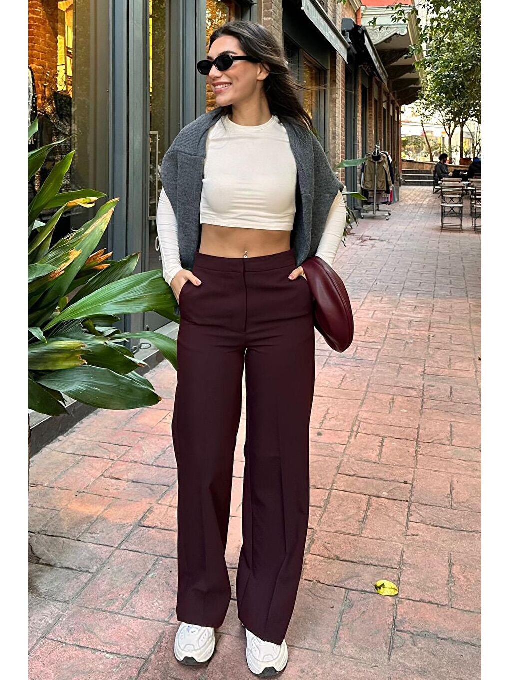 Bordo Yüksek Bel Kumaş Pantolon Mg2284-5