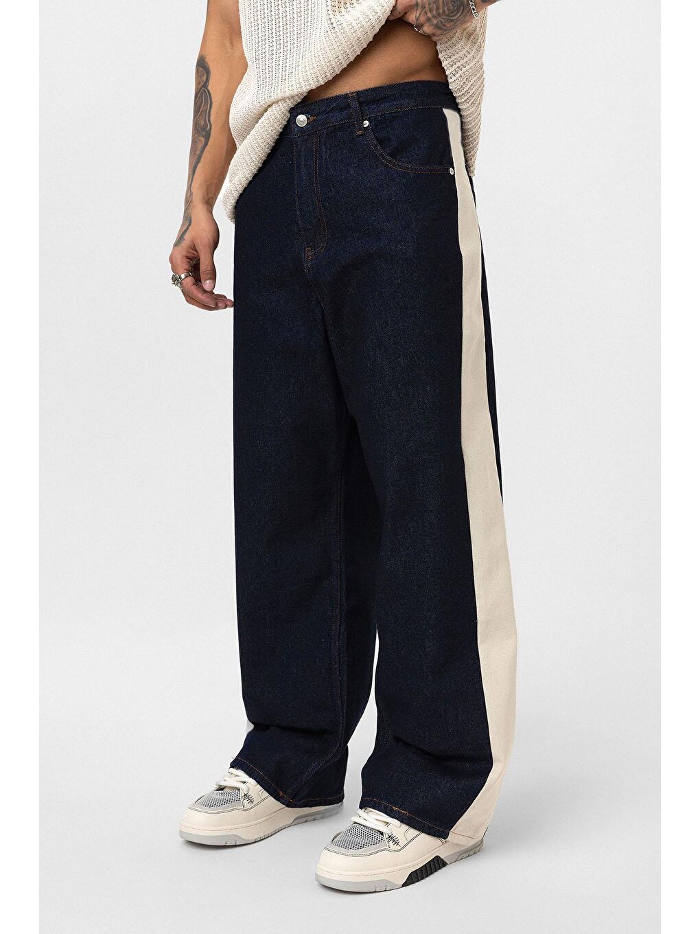 Yan Şeritli Baggy Fit Jean Koyu Mavi-3