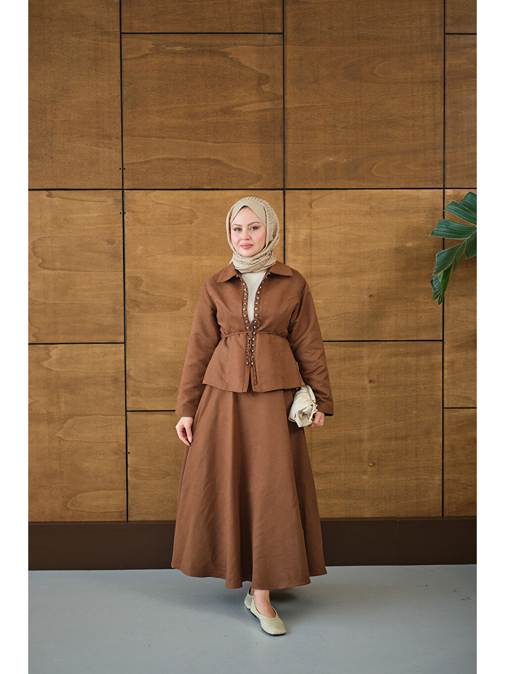 Kadın Bluz Kancalı Nubuk Takım Kahverengi-4