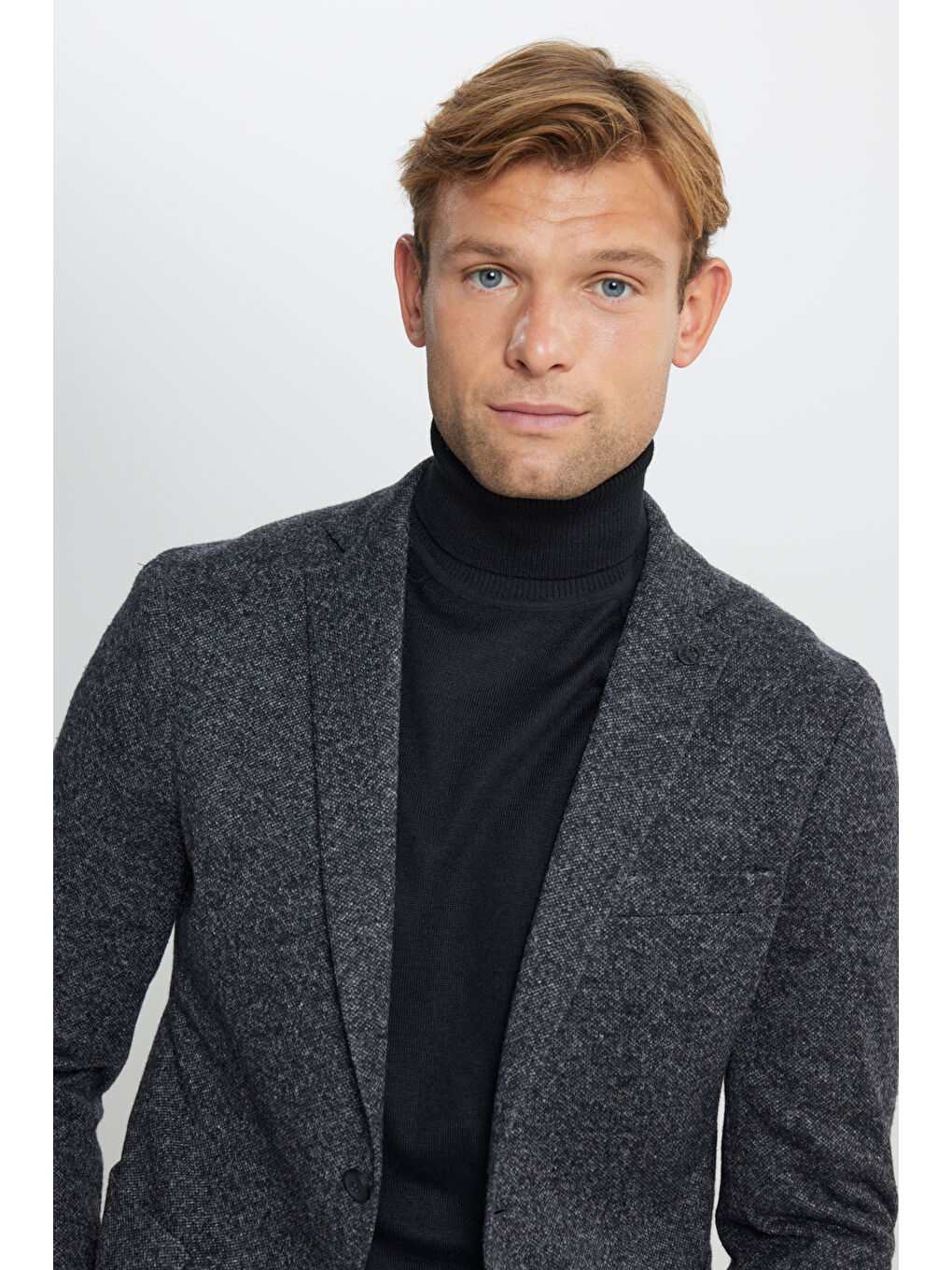 Erkek Siyah Slim Fit Dar Kesim Mono Yaka Yünlü Desenli Torba Cepli Ceket-3