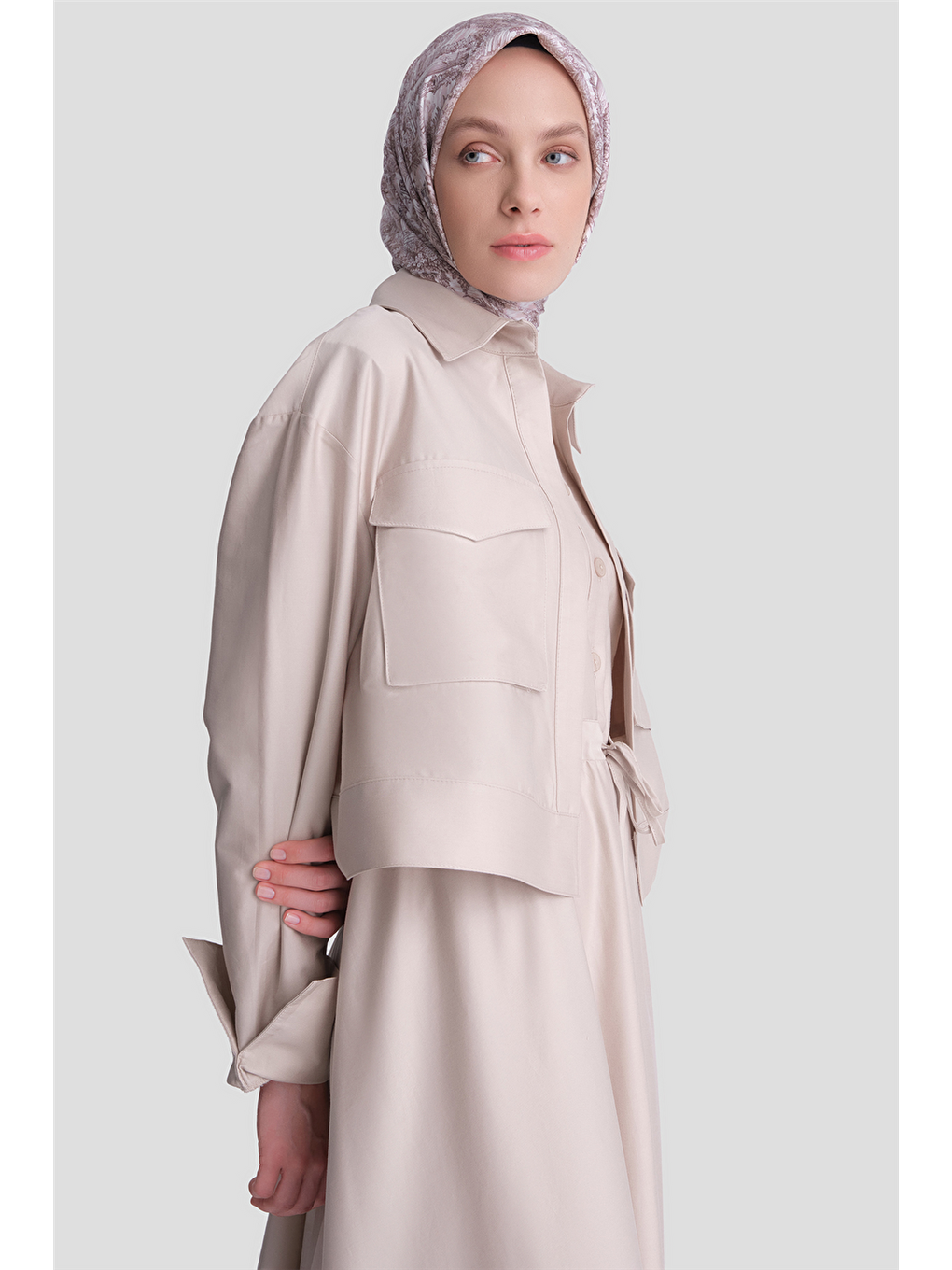 Bej Ceketli Poplin Elbise Takım Vizon-4