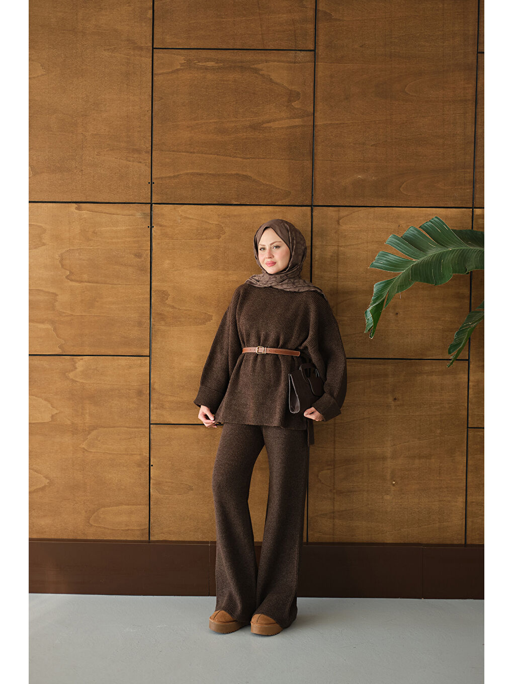 Kadın Beli Lastikli Triko Takım Kahverengi-4