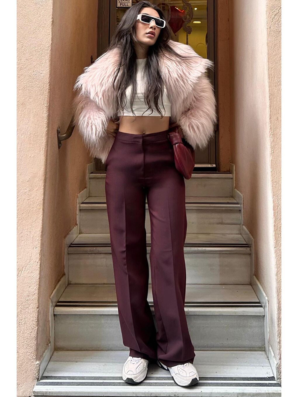 Bordo Yüksek Bel Kumaş Pantolon Mg2284-7