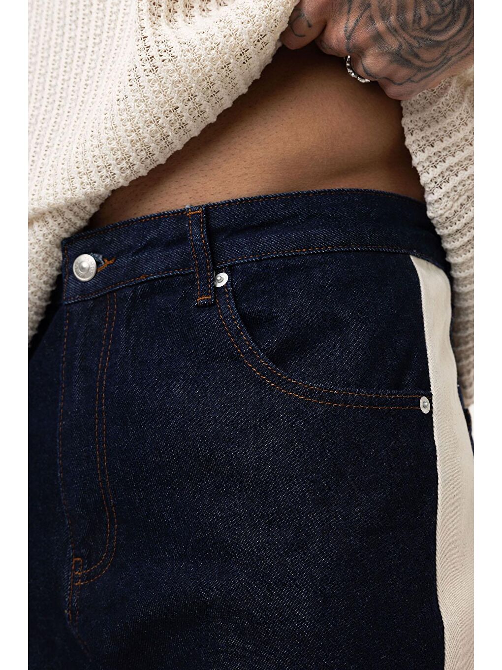 Yan Şeritli Baggy Fit Jean Koyu Mavi-4