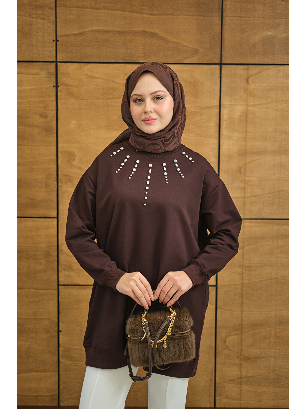 Kadın Yaka Taş Detay Tunik Kahverengi-2