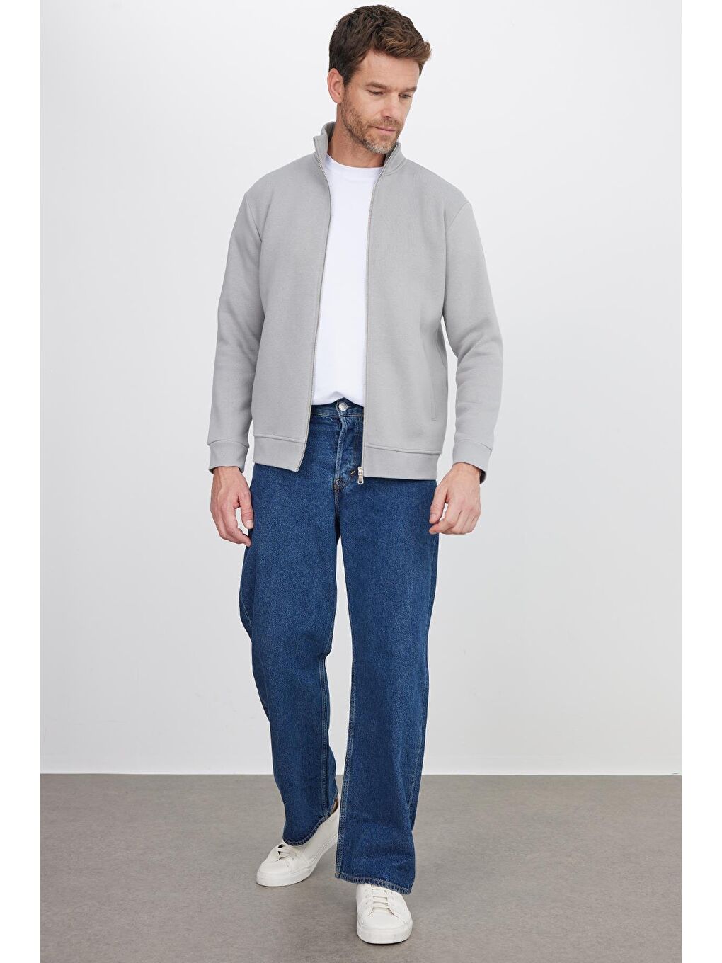 Unisex Relax Fit Rahat Kesim Pamuklu İçi Polarlı Fermuarlı Gri Dik Yaka Flato Cepli Sweatshirt Hırka-3