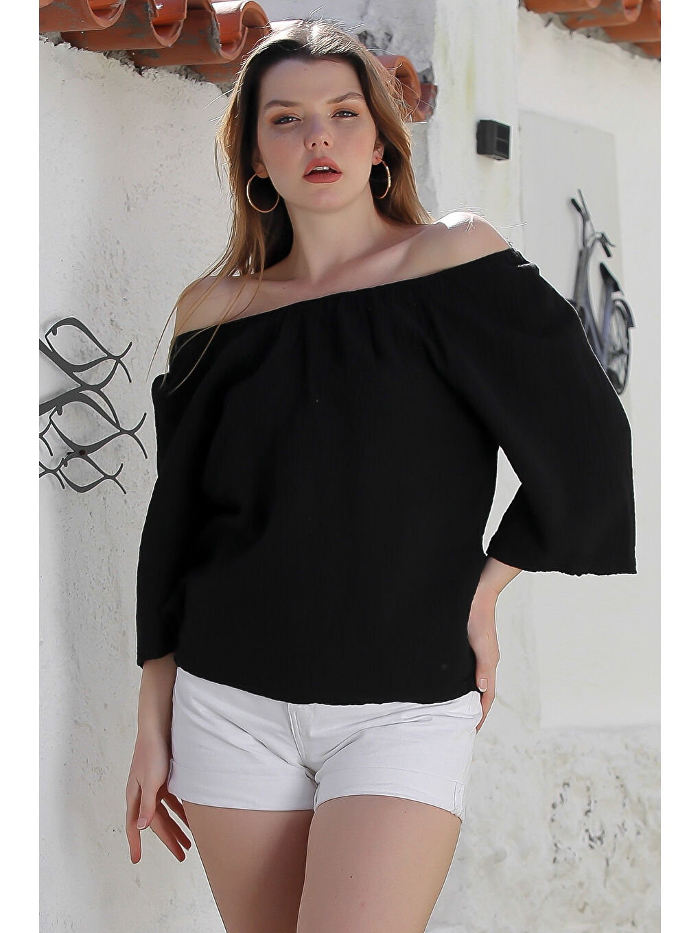 Siyah Carmen Yaka İspanyol Kol Yıkamalı Casual Müslin Dokuma Bluz 62 56-1