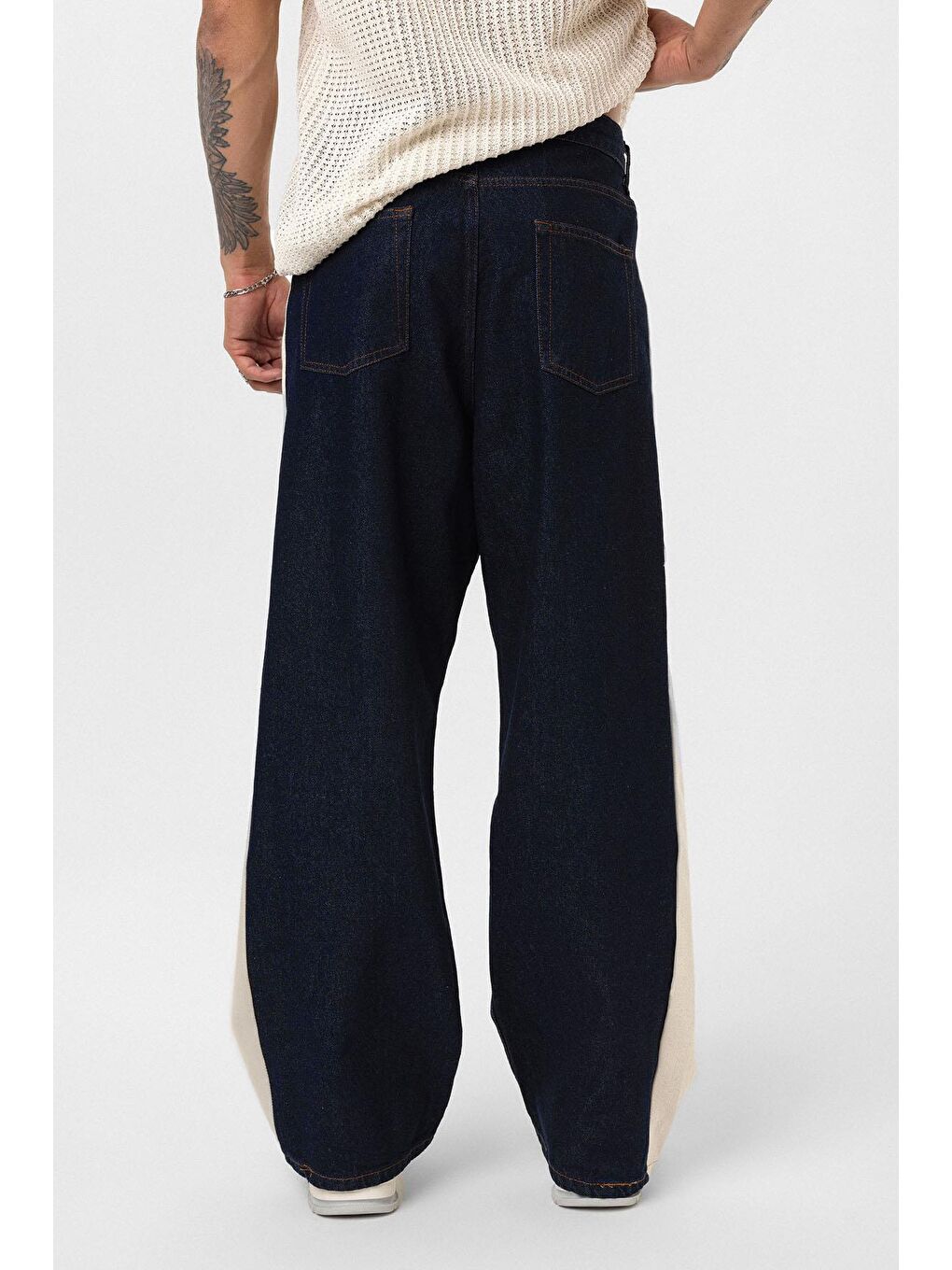 Yan Şeritli Baggy Fit Jean Koyu Mavi-5