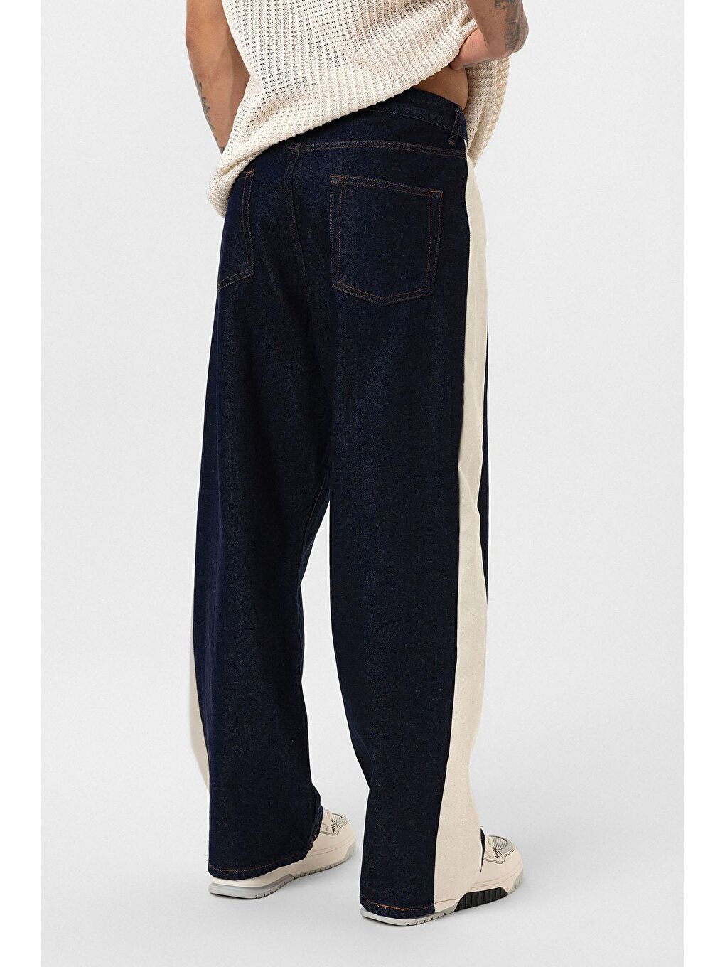 Yan Şeritli Baggy Fit Jean Koyu Mavi-6
