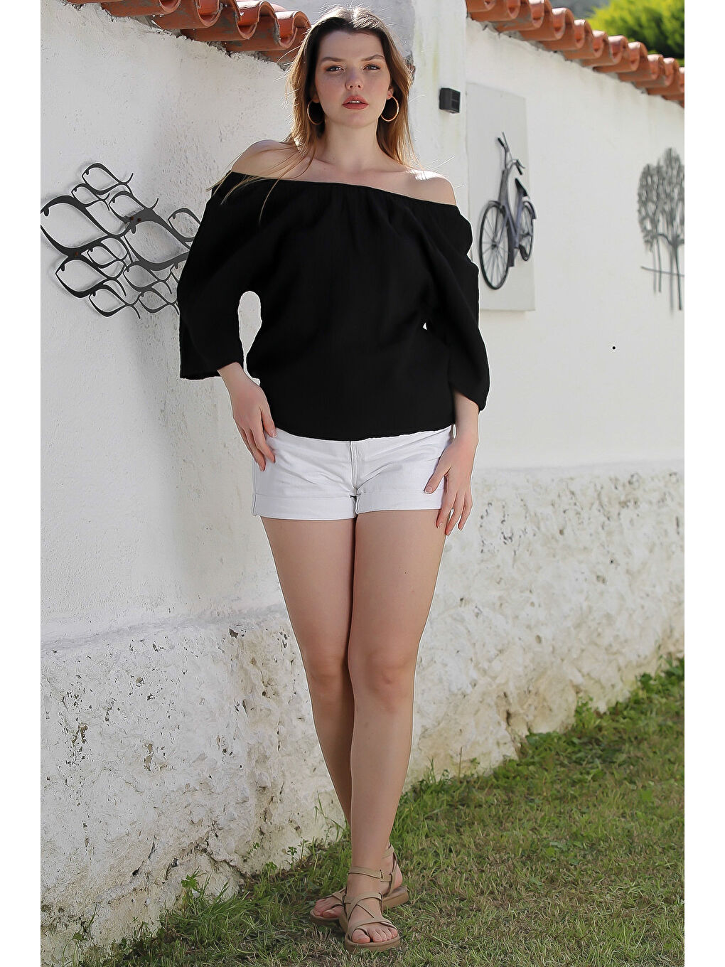 Siyah Carmen Yaka İspanyol Kol Yıkamalı Casual Müslin Dokuma Bluz 62 56-2