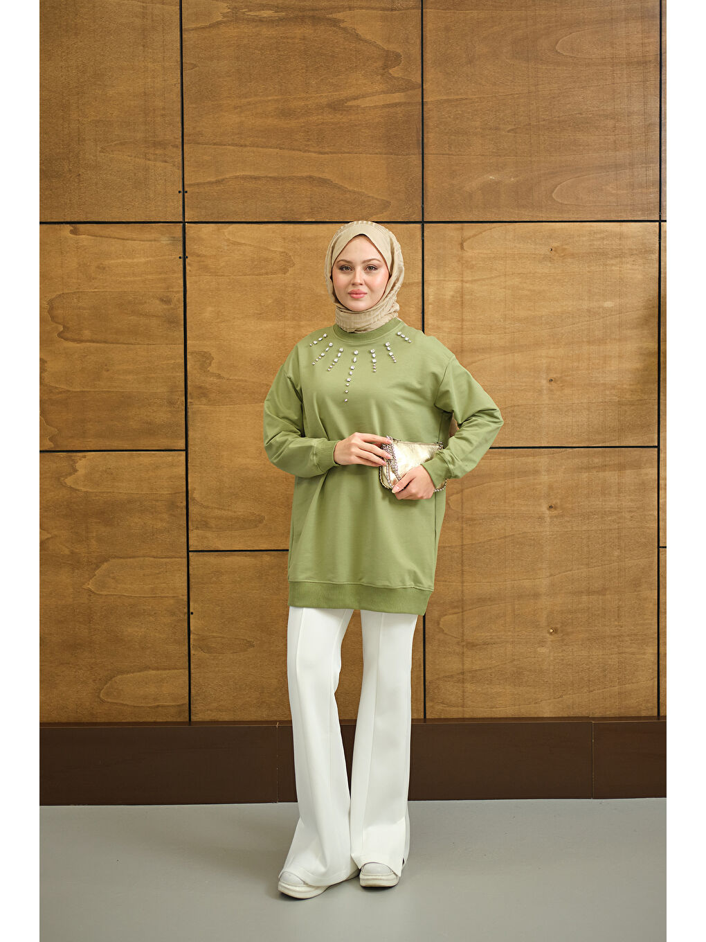 Kadın Yaka Taş Detay Tunik Yeşil-1