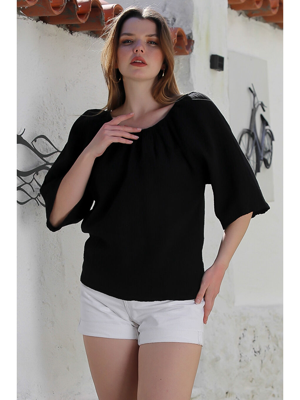 Siyah Carmen Yaka İspanyol Kol Yıkamalı Casual Müslin Dokuma Bluz 62 56-3