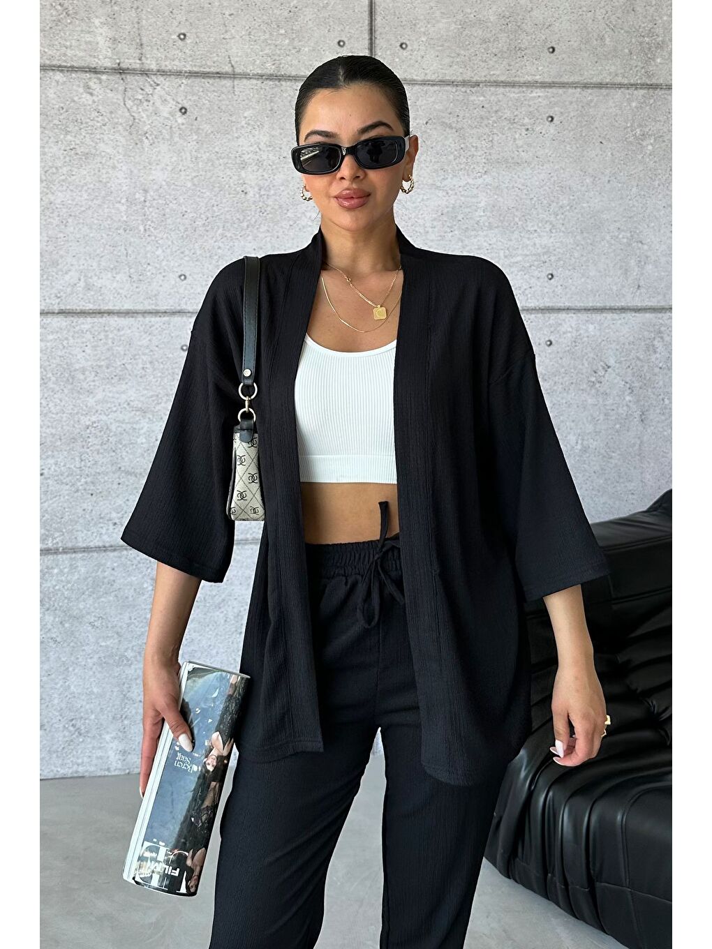 Kadın Siyah Kimono Alt Üst Havuç Pantolon Takım-1