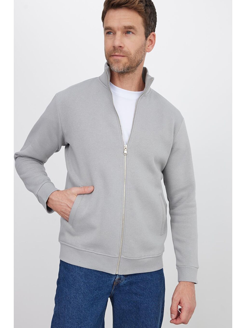 Unisex Relax Fit Rahat Kesim Pamuklu İçi Polarlı Fermuarlı Gri Dik Yaka Flato Cepli Sweatshirt Hırka-4