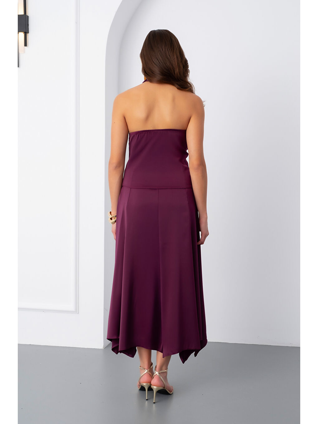 Kadın Mürdüm Degaje Yaka Saten Etek Bluz Takım-5