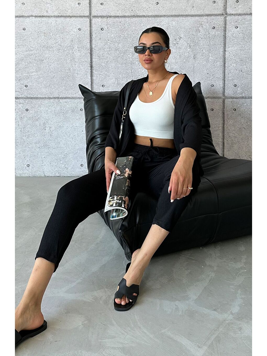 Kadın Siyah Kimono Alt Üst Havuç Pantolon Takım-2