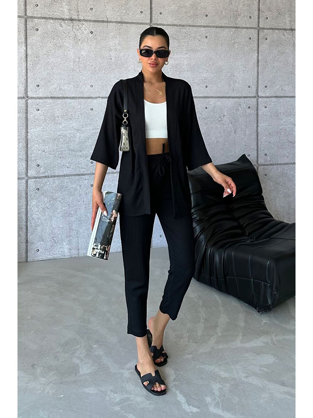 Kadın Siyah Kimono Alt Üst Havuç Pantolon Takım-3