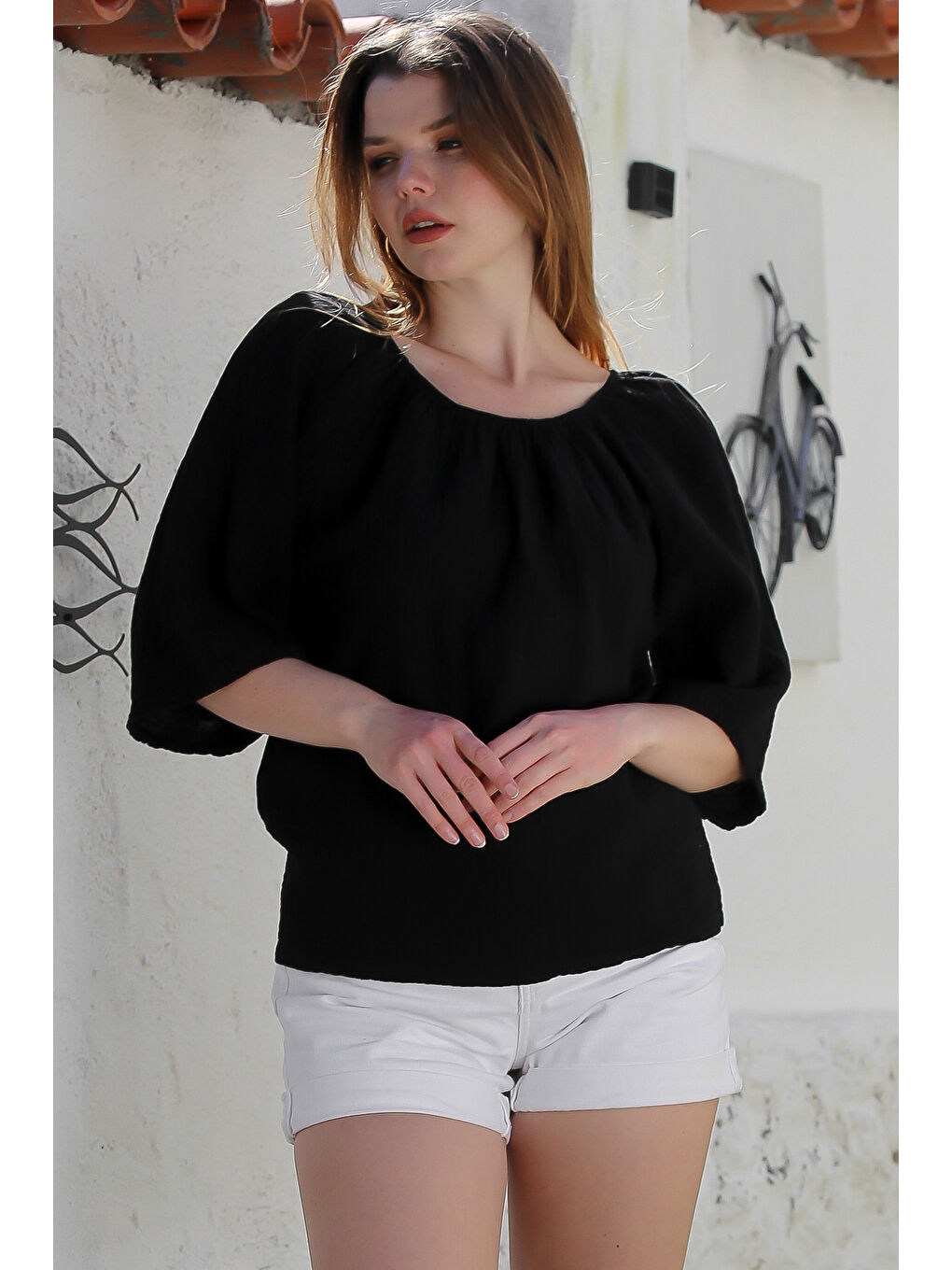 Siyah Carmen Yaka İspanyol Kol Yıkamalı Casual Müslin Dokuma Bluz 62 56-4