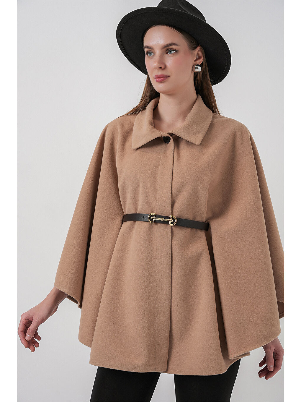 Sarı Kadın Kemerli Kaşe Panço 9170 - Camel