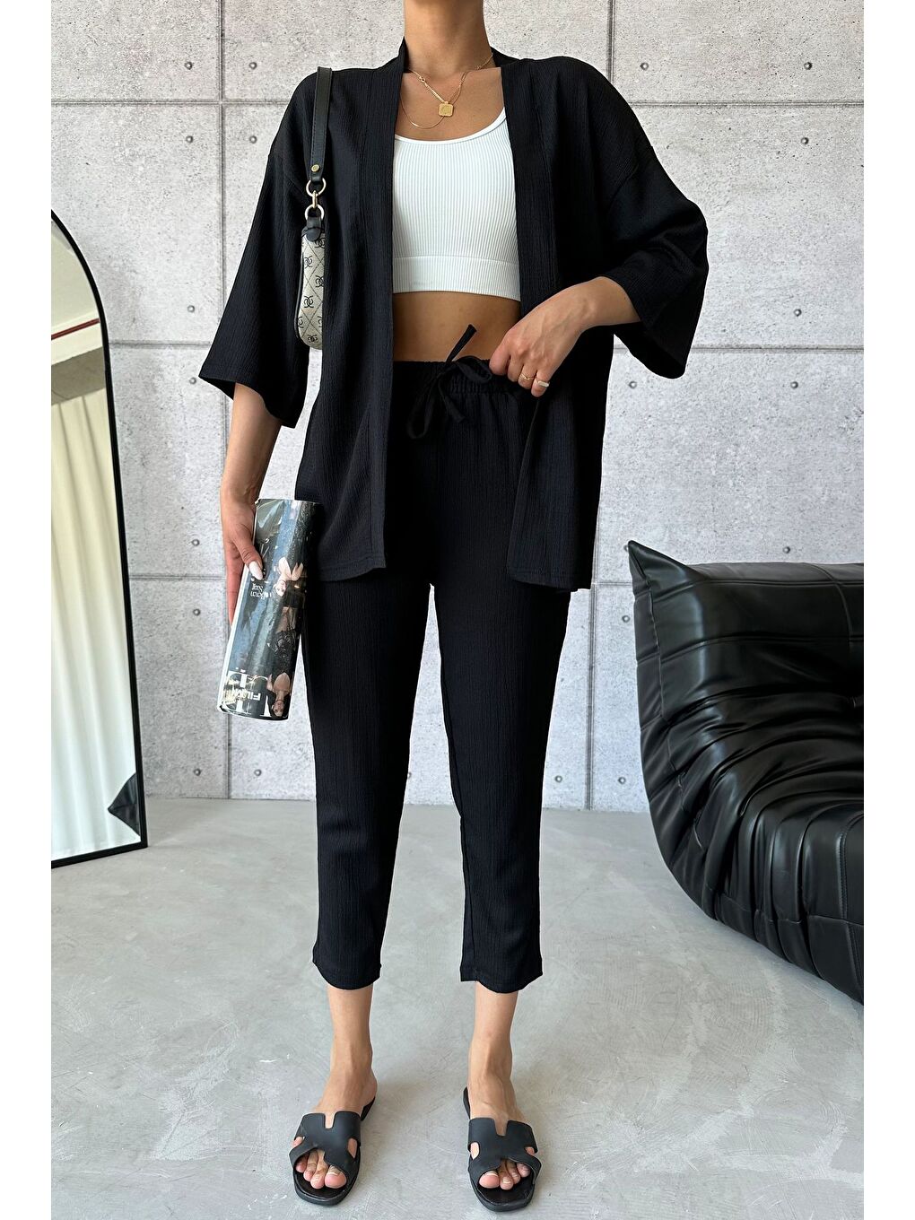 Kadın Siyah Kimono Alt Üst Havuç Pantolon Takım-4