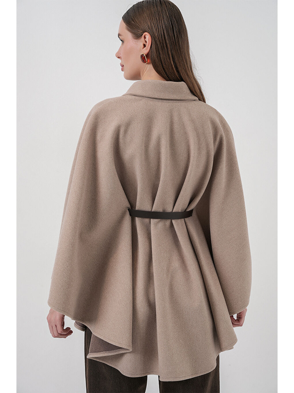 Bej Kadın Kemerli Kaşe Panço 9170 - Vizon-5