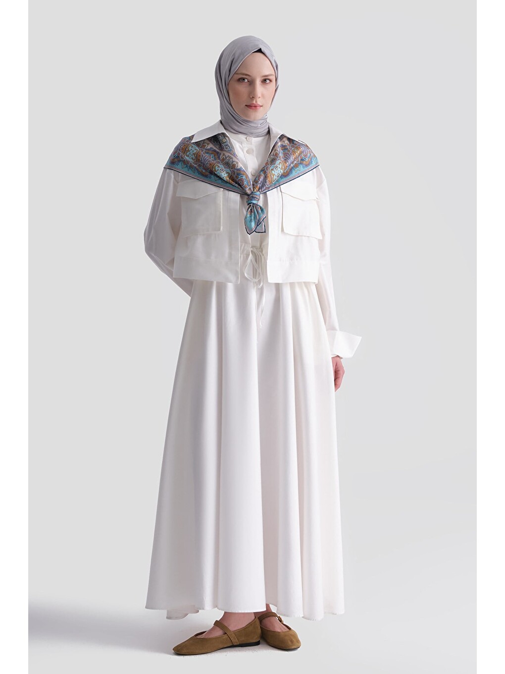 Ceketli Poplin Elbise Takım Ekru-3