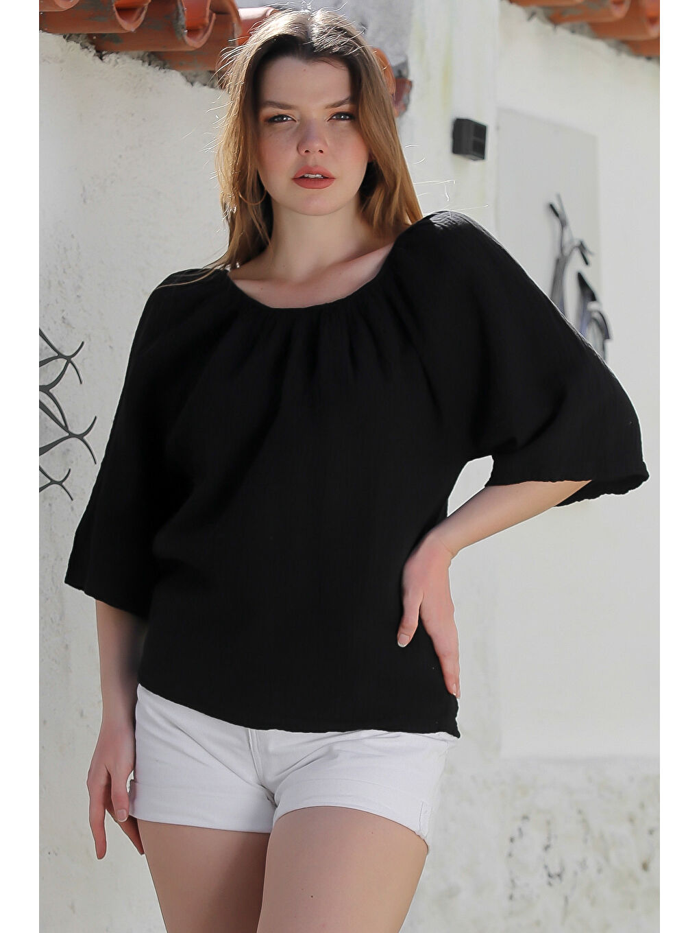 Siyah Carmen Yaka İspanyol Kol Yıkamalı Casual Müslin Dokuma Bluz 62 56-5