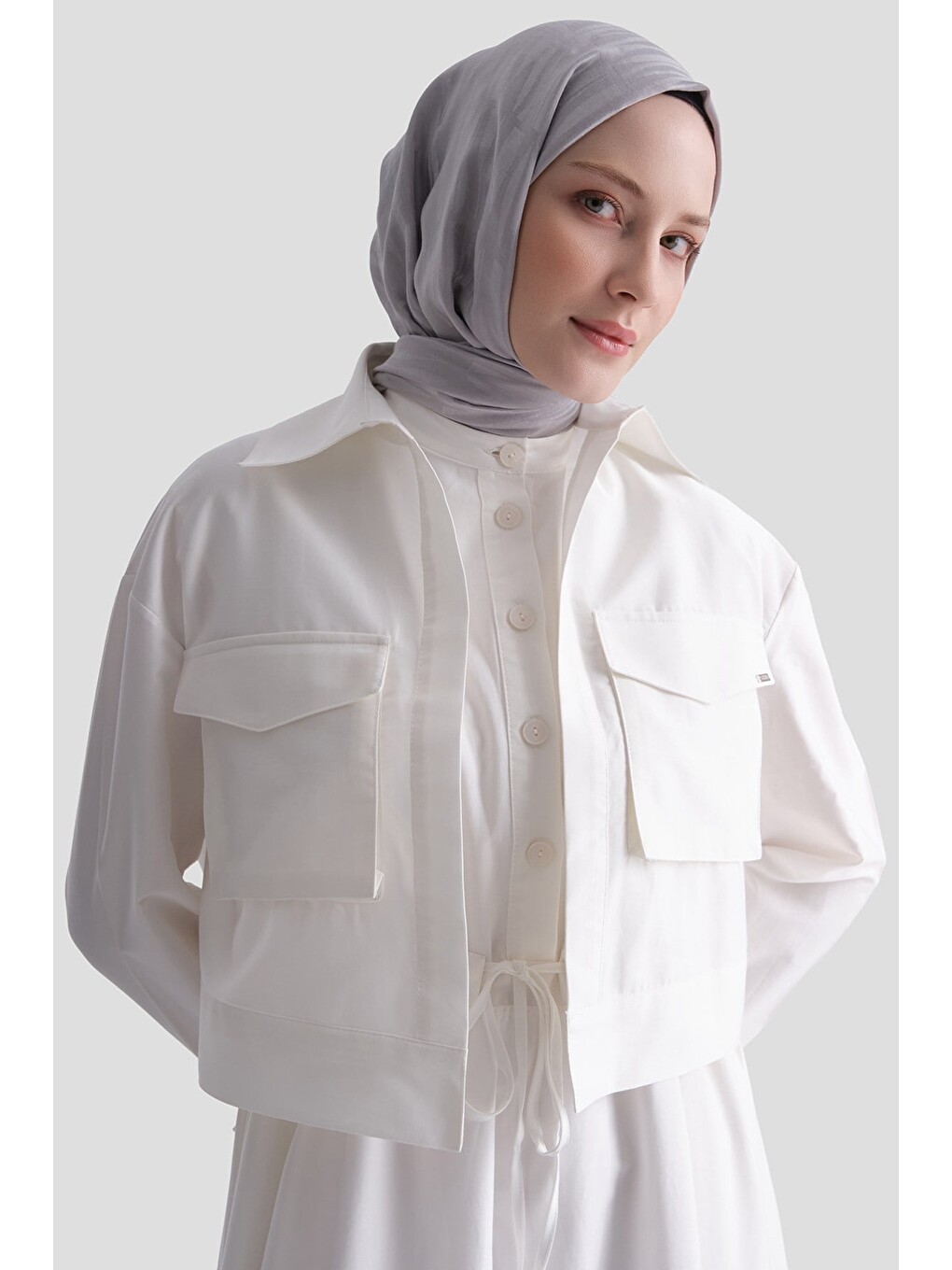 Ceketli Poplin Elbise Takım Ekru-4