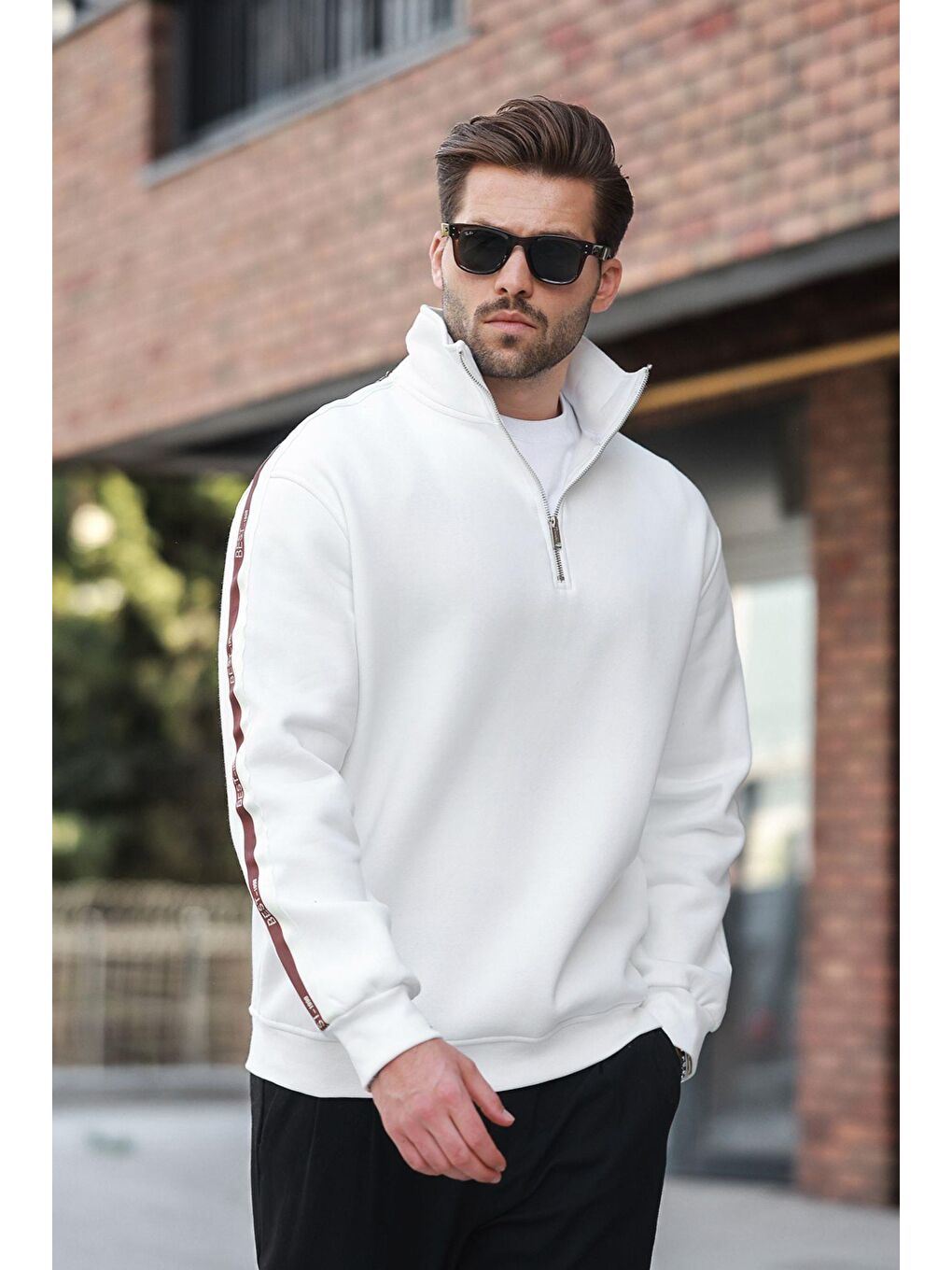 Ekru Fermuarlı Dik Yaka Erkek Sweatshirt E7164