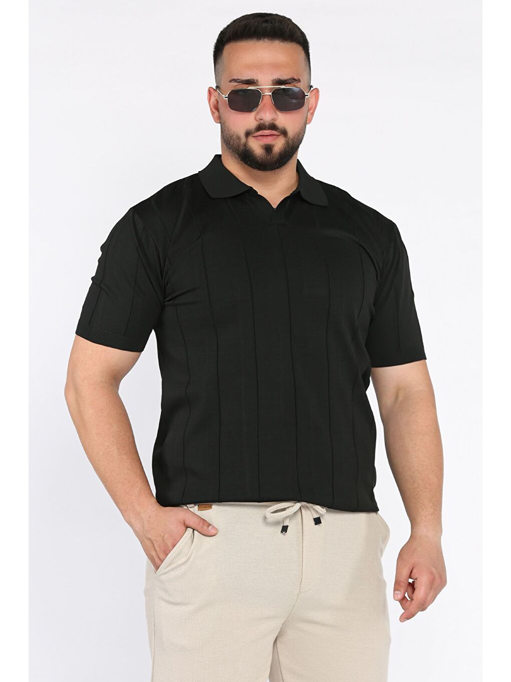 Siyah Erkek Polo Yaka Kendinden Çizgi Desenli Tişört