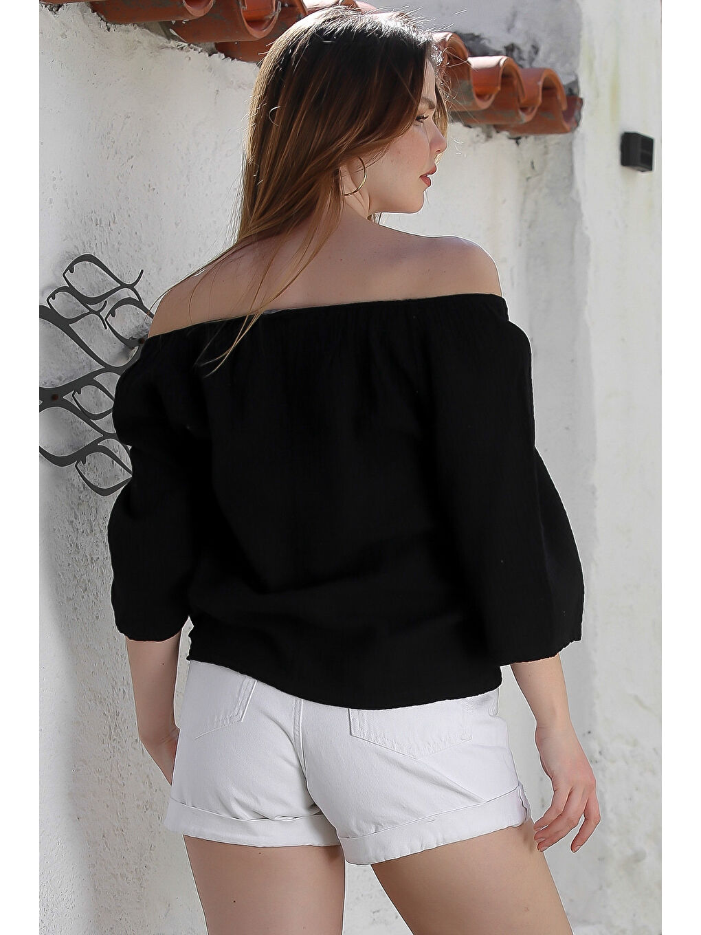 Siyah Carmen Yaka İspanyol Kol Yıkamalı Casual Müslin Dokuma Bluz 62 56-6