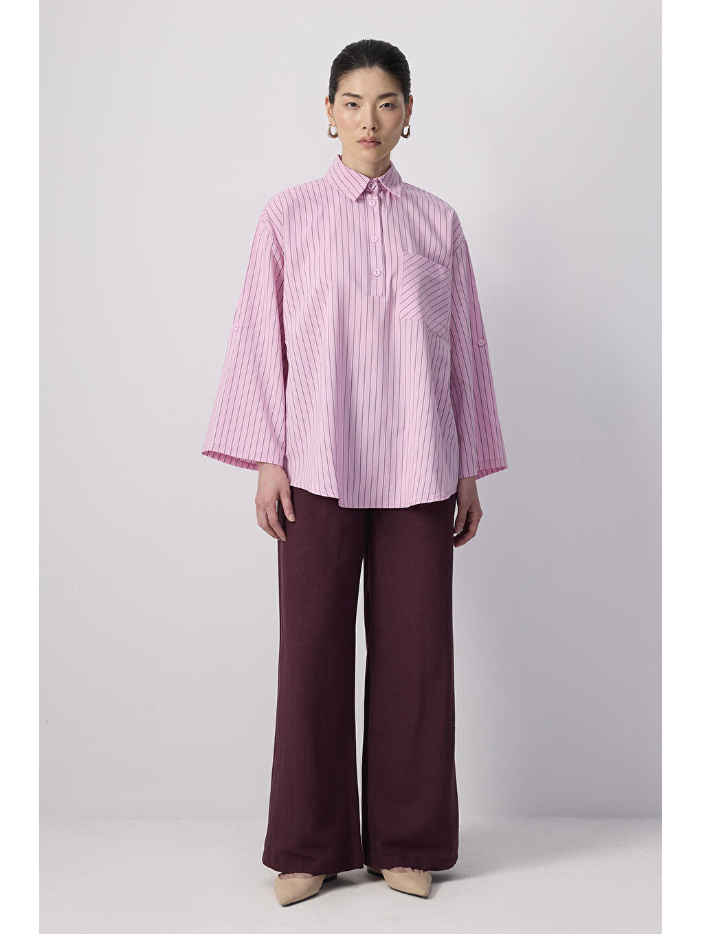 Pembe Çizgili Cep Detaylı Tunik